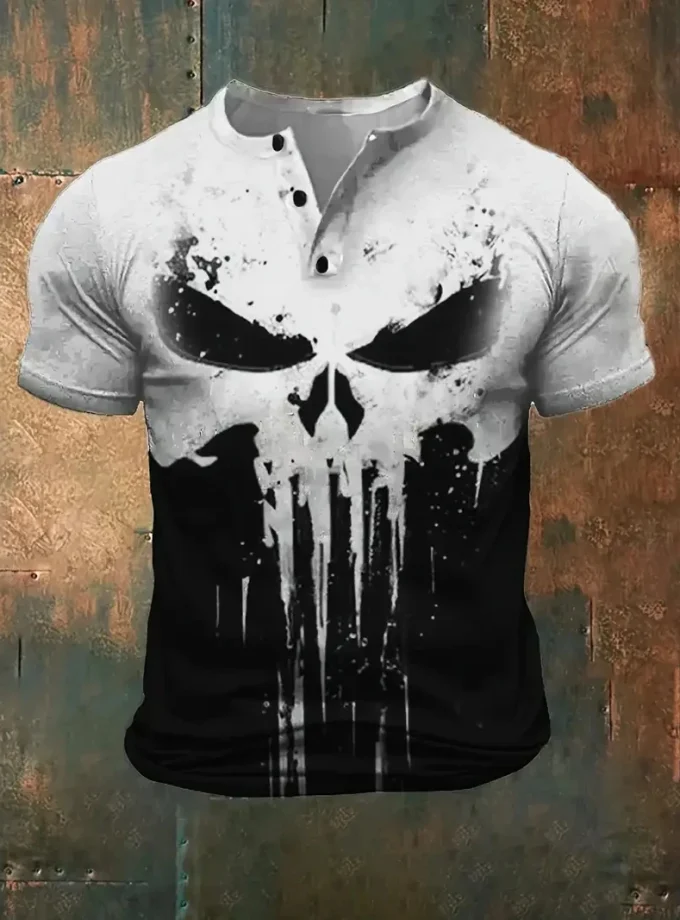 Men's Casual T-shirt with Skull Pattern V-Neck Crew Neck Shirt Crocheted 3 Button Short Sleeve Knitted Fabric