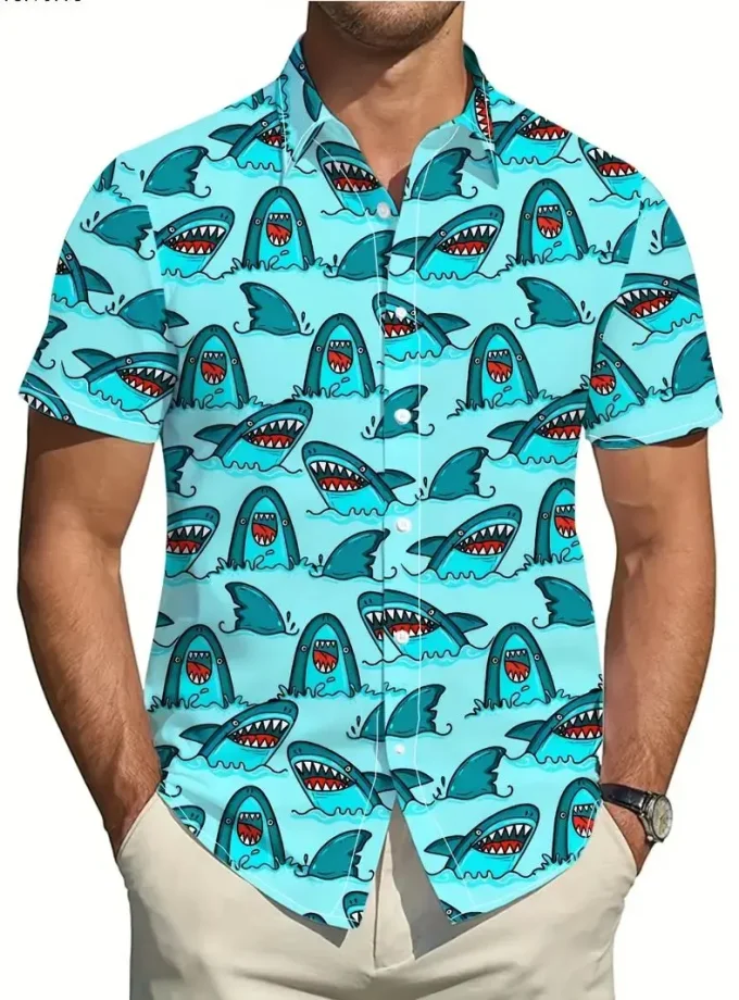 Men's Cute Cartoon Shark Print Shirt Stylish Comfortable Machine Washable Breathable 3D printed shirt Anti-Wrinkle for Summer