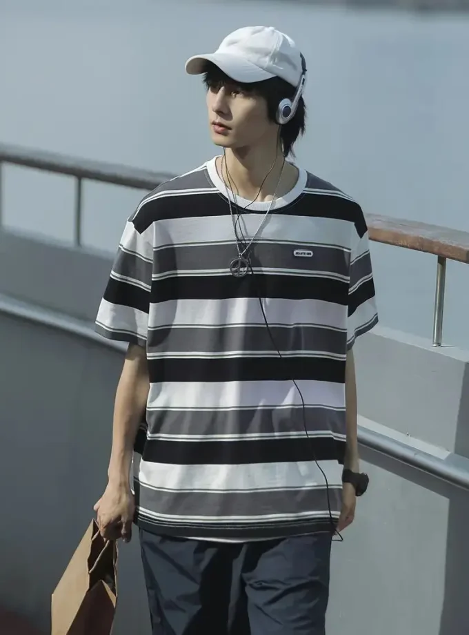 Men's Classic Striped Stylish Casual All-Season Outdoor Comfortable Short Crew Neck All-Winter Wear Cotton Blend T-Shirt