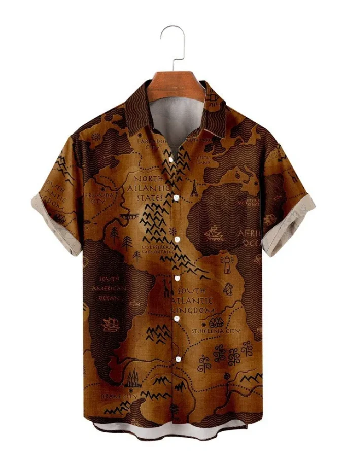 Men's Shirt 3 D Digital Print Africa Map Vivid Short Sleeve Casual Shirts For Men