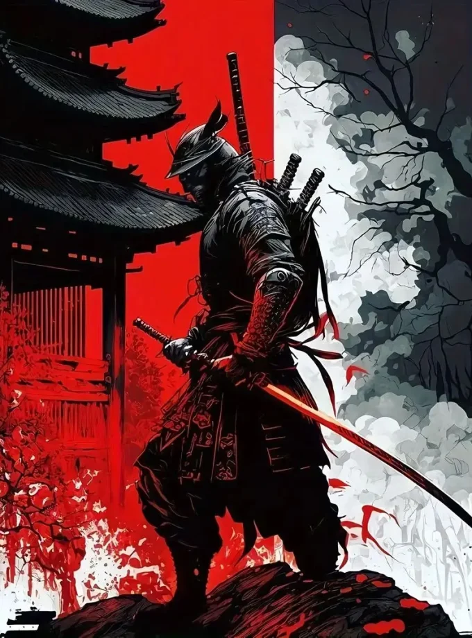 Men's Samurai-Inspired Hoodie With Kangaroo Pocket - Long Sleeve, Polyester, Street Style Pullover Sweatshirt