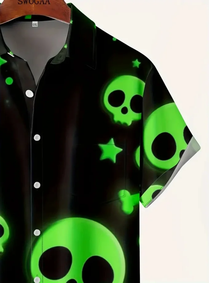 Men's Halloween Skulls Print Hawaiian Beach Shirt for Summer Short Sleeve Knitted Clothing for Big Tall Males