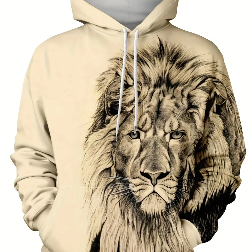 Men's Lion Graphic Fleece Fabric Long Sleeves Printed Pullover Hoodies with Pocket