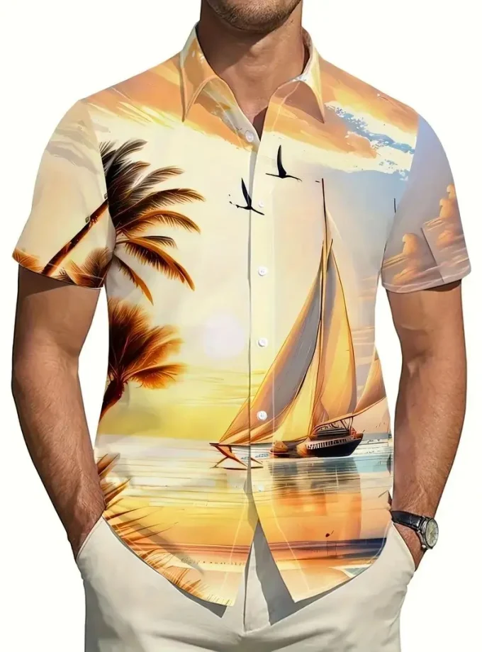 Men's Hawaiian Fashion 3D Digital Sailboat Sunset Print Short Sleeve Shirt Buttoned Top for Summer Pool Beach Holiday Wear