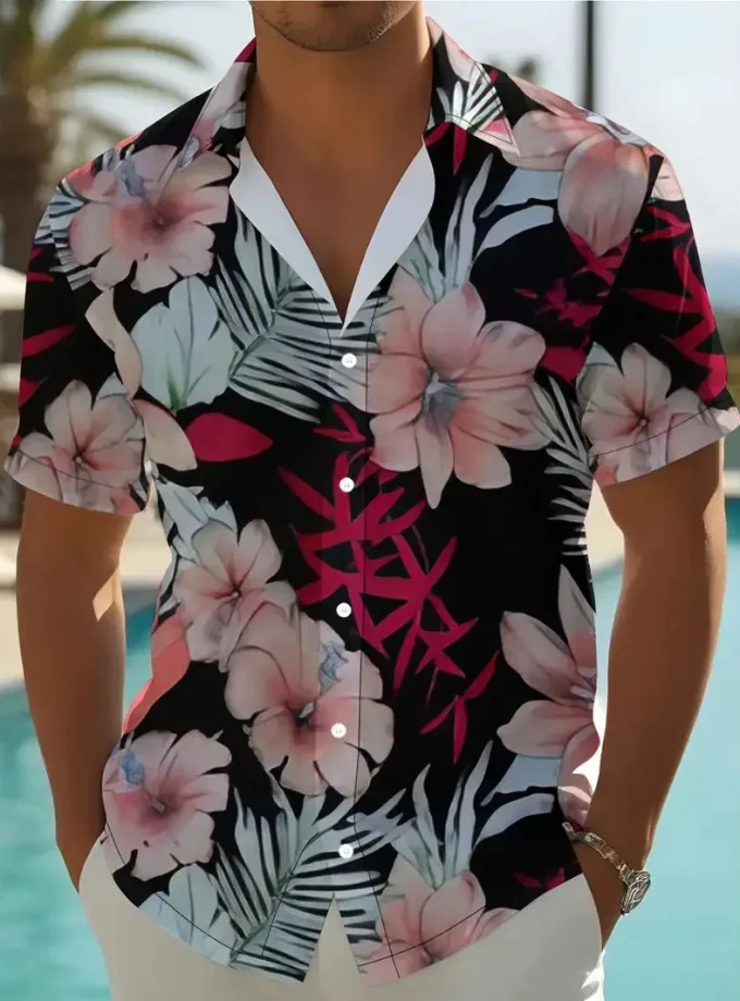 Men's Floral Print Short Sleeve polyester Shirt Fashionable Trendy Summer Resort Wear for Daily Style Breathable Vacation Shirts