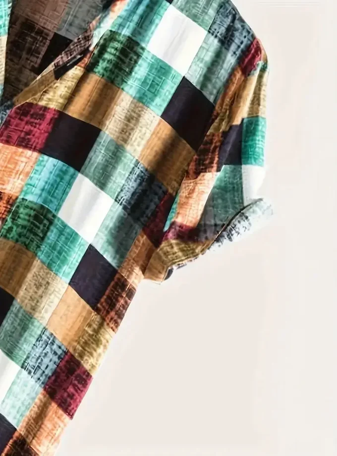 Men's Casual Plaid Shirt Short-Sleeve Cotton Top with Turn-Down Collar Breathable Sustainable Daily Wear Vacation Streetstyle