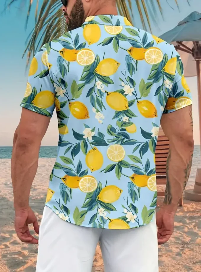 Men's Casual Shirt Vibrant Lemons Graphic Print Soft Slight Stretch Polyester Lapel Collar Short Sleeve Machine Washable Regular