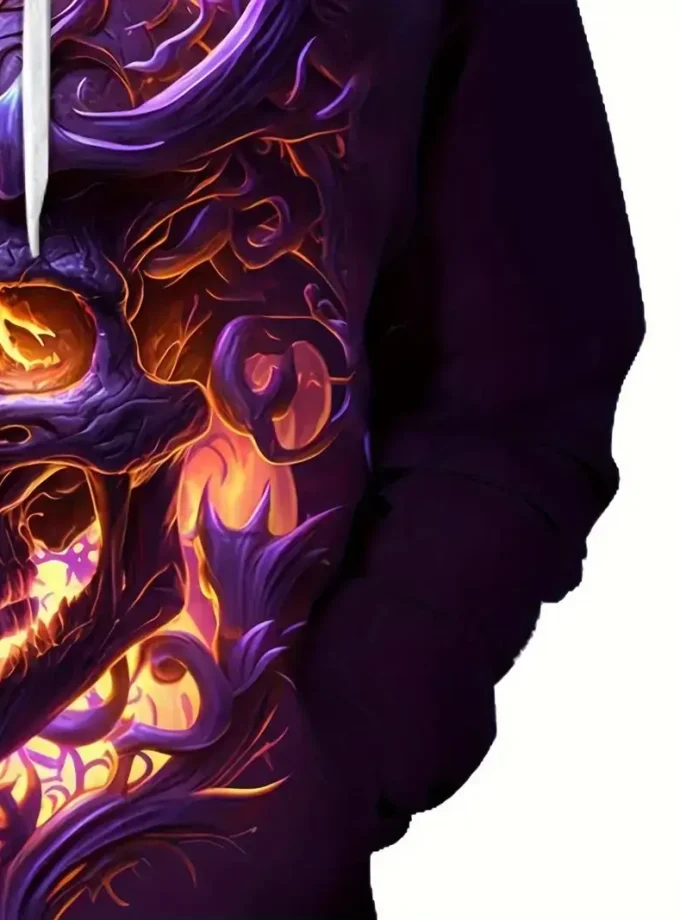 Men's Oversized Skull Print Hooded Sweatshirt Breathable Crocheted Long Sleeve Kangaroo Pocket High Puff Casual Outdoor Wear