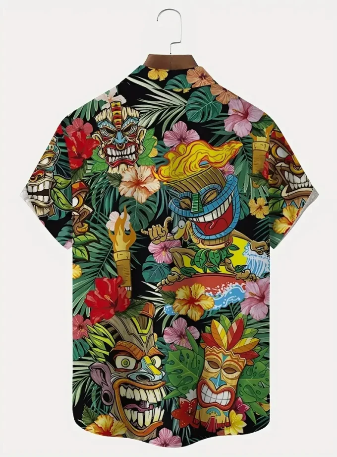 Men's Fashionable Monsters Print Casual Shirt Comfortable Loose Fit Buttoned Short Sleeve Breathable Summer Outdoor