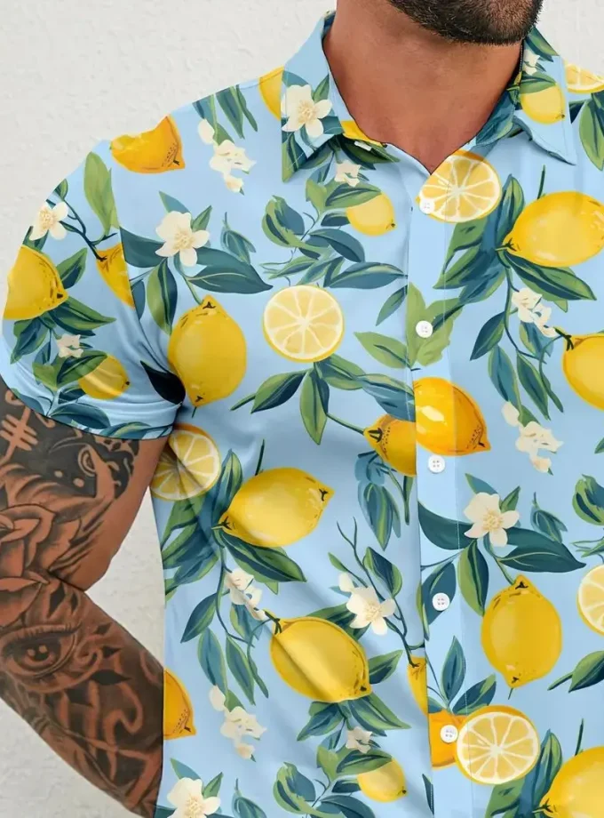 Men's Casual Shirt Vibrant Lemons Graphic Print Soft Slight Stretch Polyester Lapel Collar Short Sleeve Machine Washable Regular