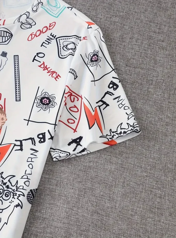 Men's 3D printed T-shirt with Cartoon Graffiti Toy Bear Pattern V-Neck Short Sleeve Chic Knitted Fabric