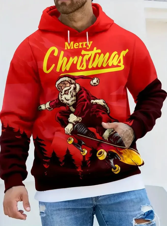Men's Santa Skateboard 3D Print Hoodie Pullover Fleece XL Kangaroo Pocket Long Sleeve Polyester Machine Washable Fall Winter
