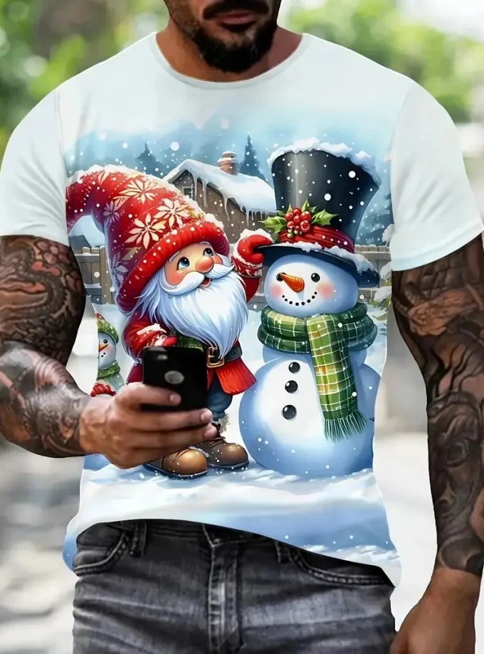 Men's Casual Short Sleeve V-Neck T-Shirt Snowman Graphic Print Knitted Clothing for Summer Outdoor Blank Design