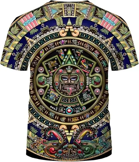 Men's Aztec T-Shirt V-Neck Short Sleeve Printed Tee with Mayan Totems Design Mexican Themed Knitted Fabric