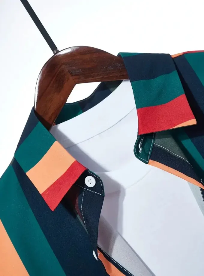 Men's Cotton Shirt Top Striped Lapel Short Sleeve Closure Casual Button up Design for Daily Vacation Summer Wear