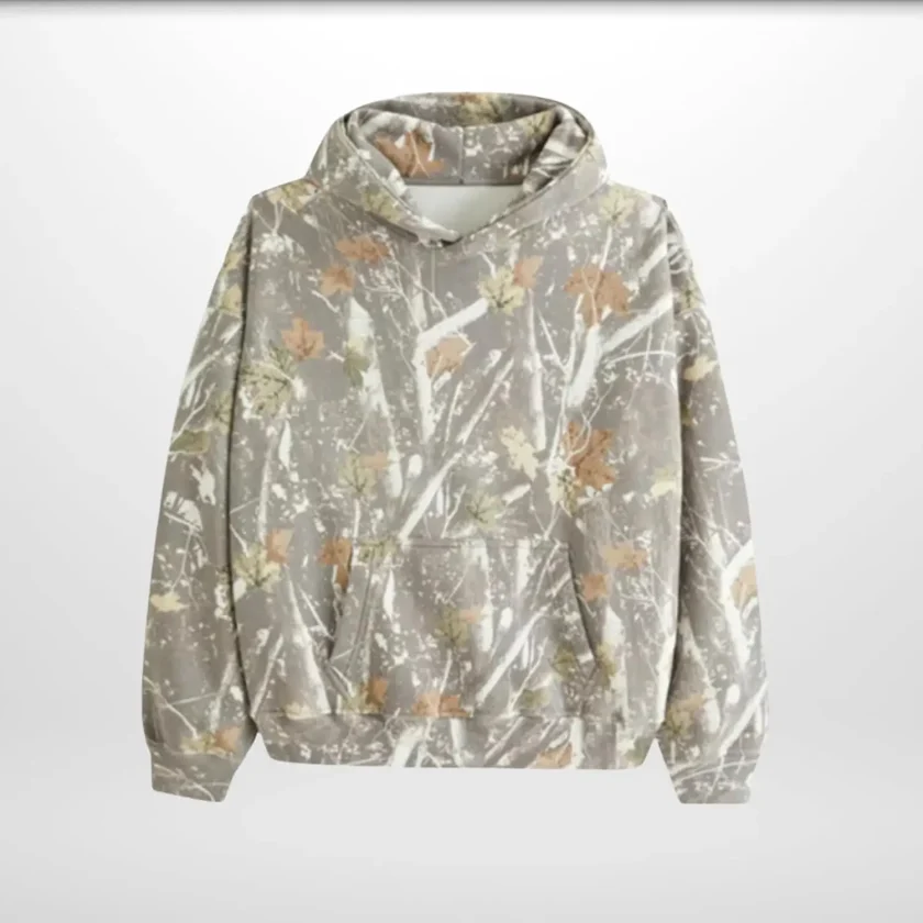 Men's Oversized Camo Hooded Pullover Sweatshirt Maple Leaf Pocket Solid Digital Technique Classic Puff Winter Season XS Size - Image 3