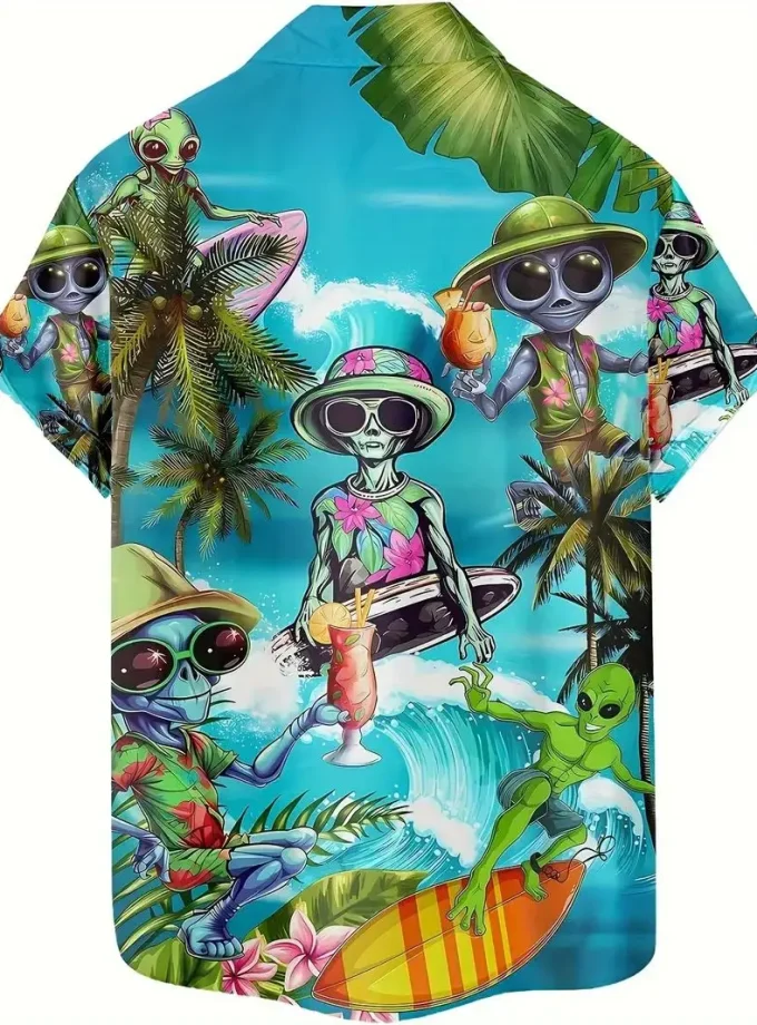 Men's Hawaiian Novelty Alien Print Button-Down Shirt, Short Sleeve Summer Vacation Shirts