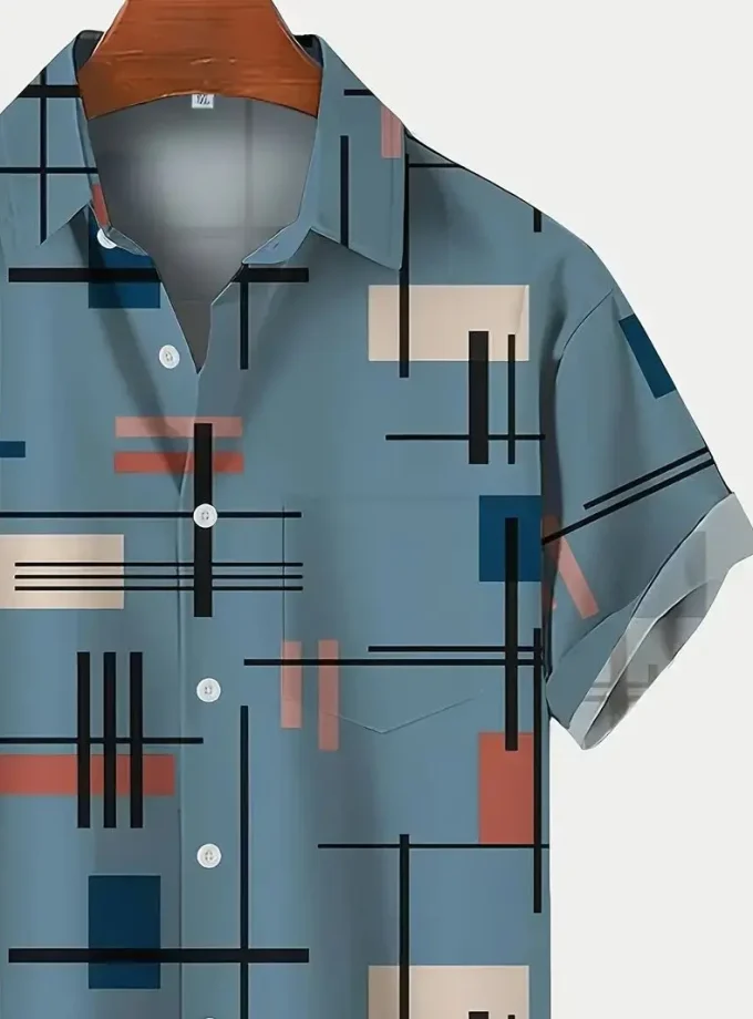 Men's Retro Floral Geometric Pattern Button-Down Shirt Casual Summer Short Sleeve Breathable Sustainable with Pocket XL Size