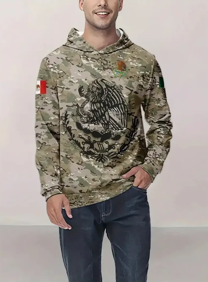 Men's Oversized Crocheted Long Sleeve Hoodie Eagle Camouflage digital Graphic Print Casual Outdoor Sweatshirt 3D Pattern