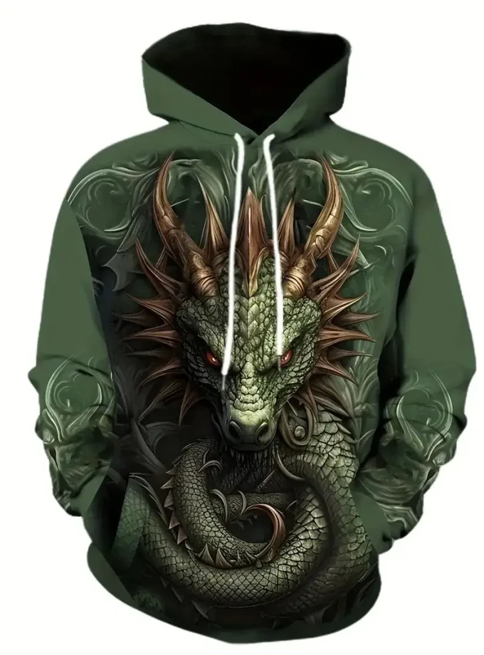 Men's Plus Size Casual Sport Pullover Hoodie 3D Dragon Print Kangaroo Pocket Stretch Fleece Fabric Machine Washable