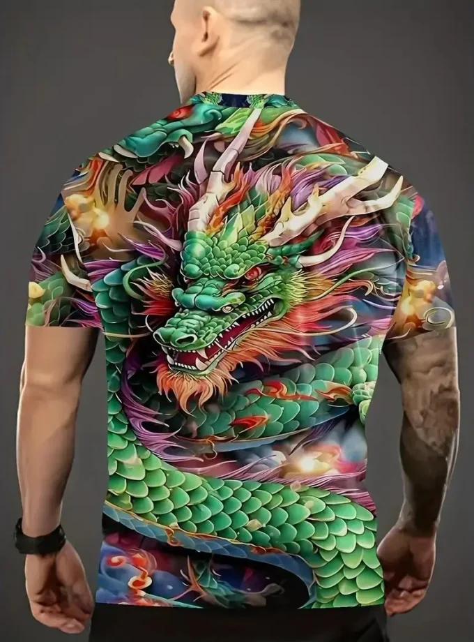 Men's 3D Digital Printed Casual Travel Shirt Design Vibrant Dragon on Soft Breathable polyester Material Short Sleeves