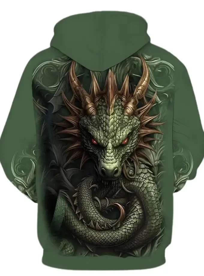 Men's Plus Size Casual Sport Pullover Hoodie 3D Dragon Print Kangaroo Pocket Stretch Fleece Fabric Machine Washable