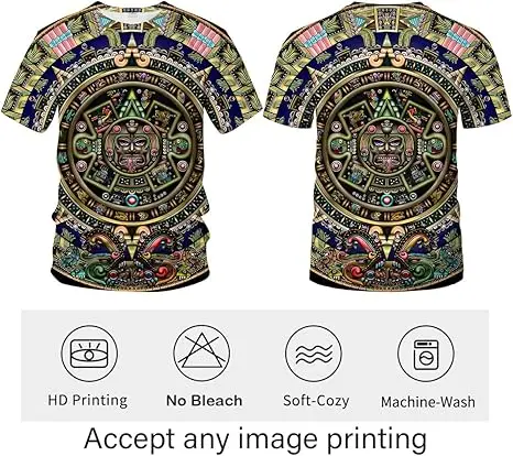 Men's Aztec T-Shirt V-Neck Short Sleeve Printed Tee with Mayan Totems Design Mexican Themed Knitted Fabric