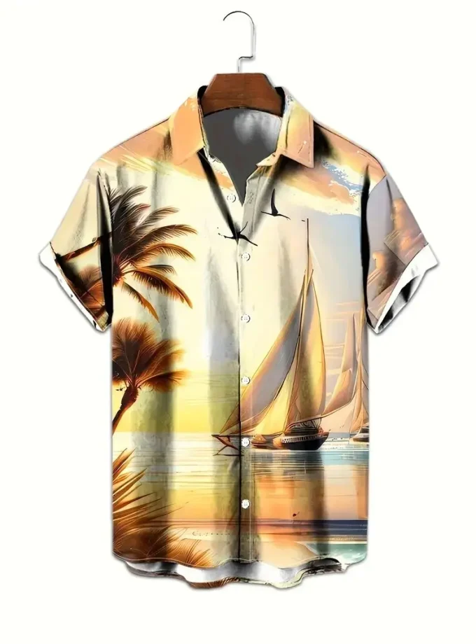 Men's Hawaiian Fashion 3D Digital Sailboat Sunset Print Short Sleeve Shirt Buttoned Top for Summer Pool Beach Holiday Wear