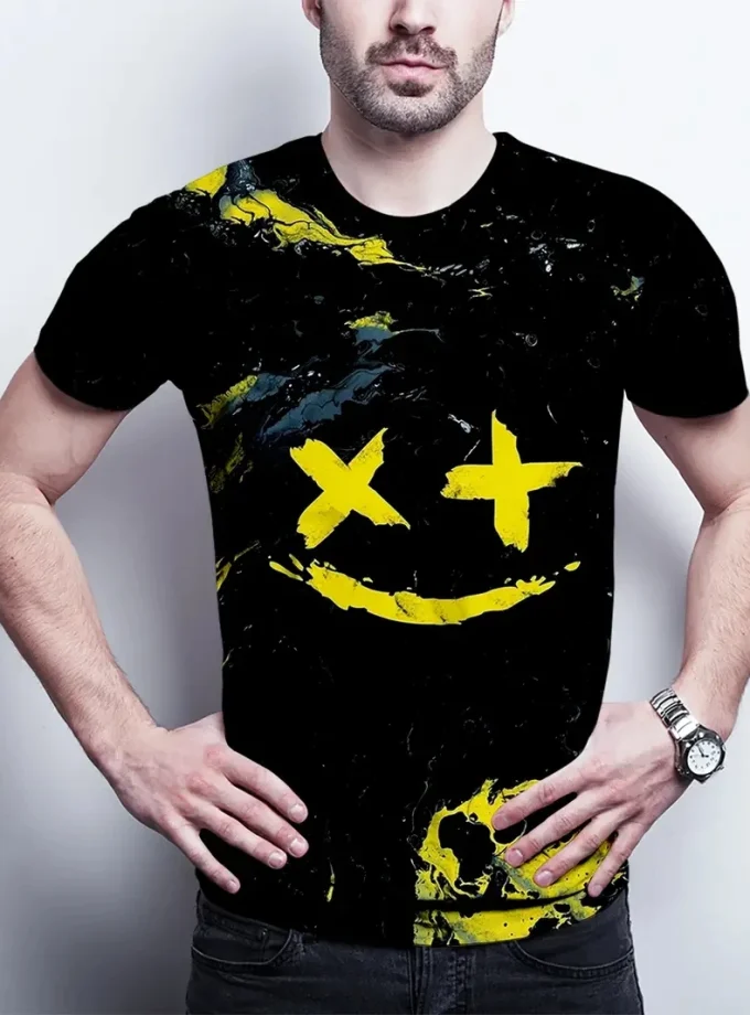 Men's Active T-Shirt with short Sleeve and Smiling Face Print Casual Comfortable Tops for Daily Gym Workout Summer Running