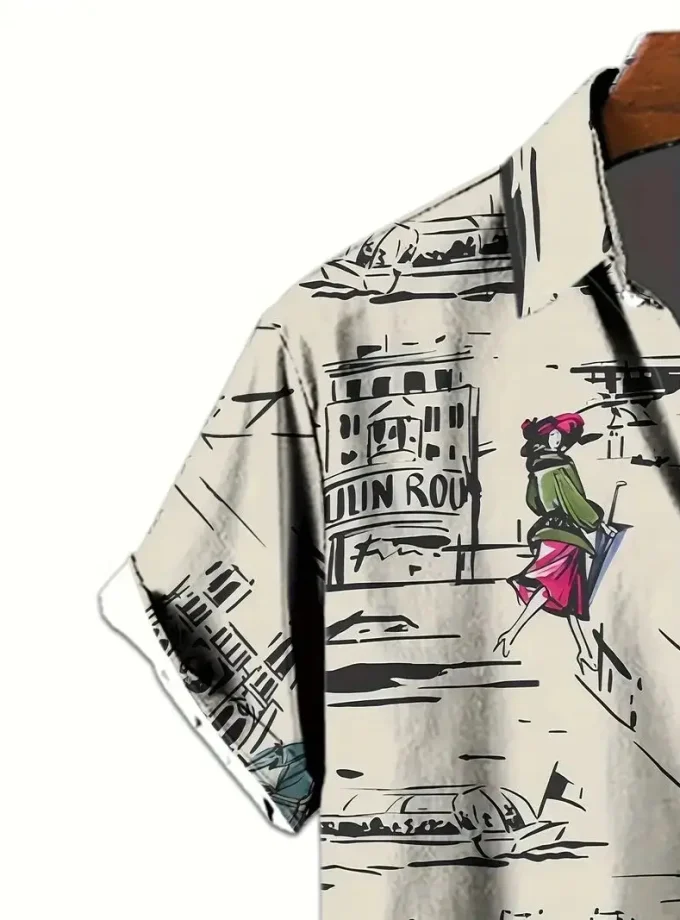 Men's Casual Paris Print Button-Down Shirt 100% Silk Polyester Slight Stretch Lapel Collar Regular Fit Novelty Woven Short