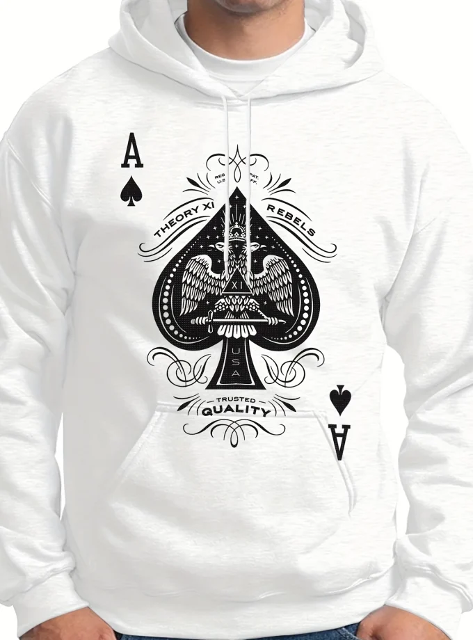 Men's Hoodie Poker A Graphic Fleece Fabric Long Sleeves Printed Pullover Hoodies with Pocket