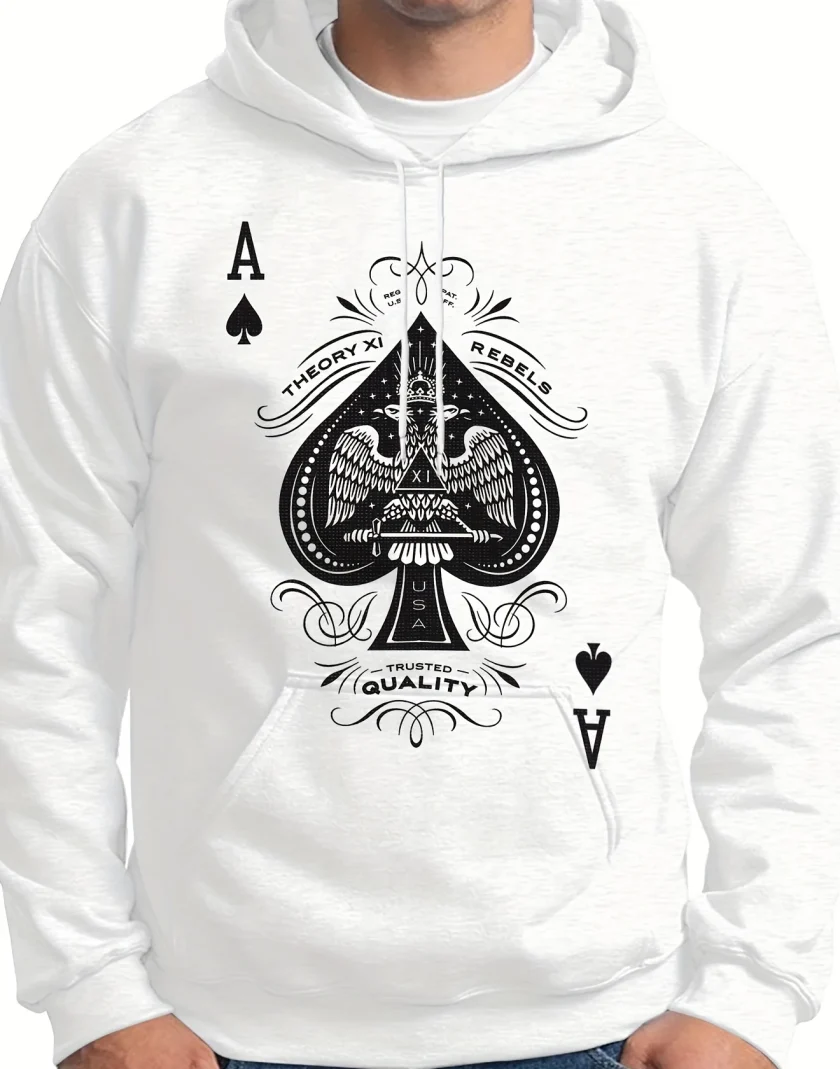 Men's Hoodie Poker A Graphic Fleece Fabric Long Sleeves Printed Pullover Hoodies with Pocket - Image 3
