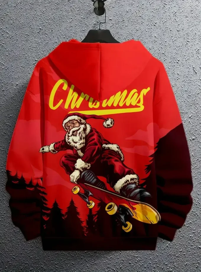 Men's Santa Skateboard 3D Print Hoodie Pullover Fleece XL Kangaroo Pocket Long Sleeve Polyester Machine Washable Fall Winter