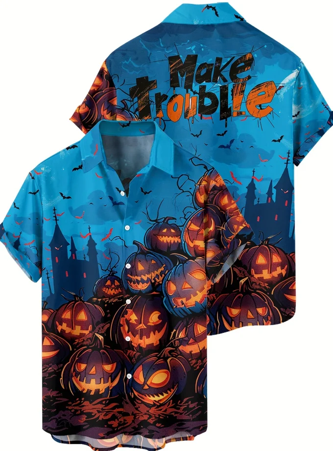 Men's Plus Size Halloween Elements Casual Shirt Pumpkin Drawing Printed Neutral Lightweight Oversized Button Short 3D Breathable