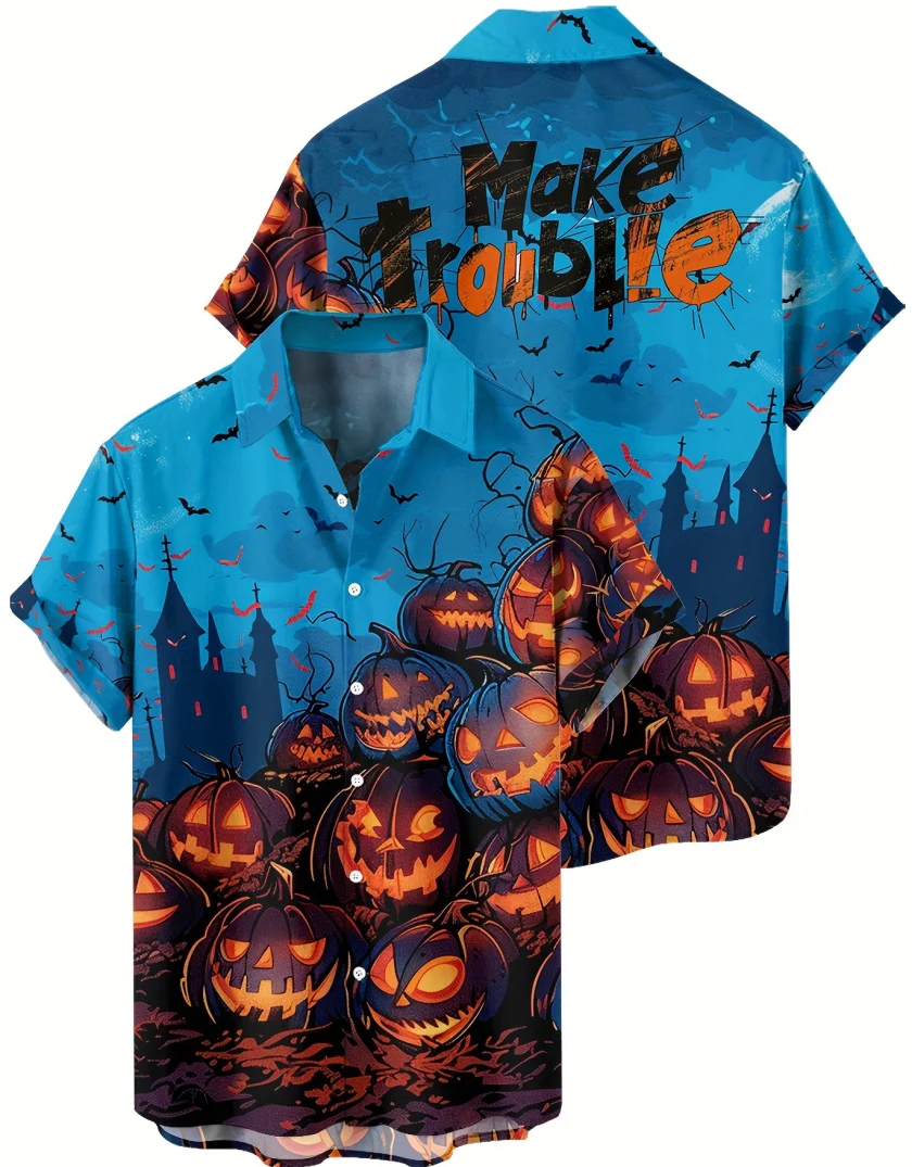 Men's Plus Size Halloween Elements Casual Shirt Pumpkin Drawing Printed Neutral Lightweight Oversized Button Short 3D Breathable - Image 3