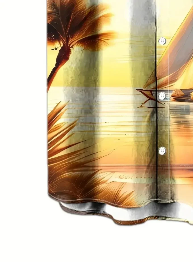 Men's Hawaiian Fashion 3D Digital Sailboat Sunset Print Short Sleeve Shirt Buttoned Top for Summer Pool Beach Holiday Wear