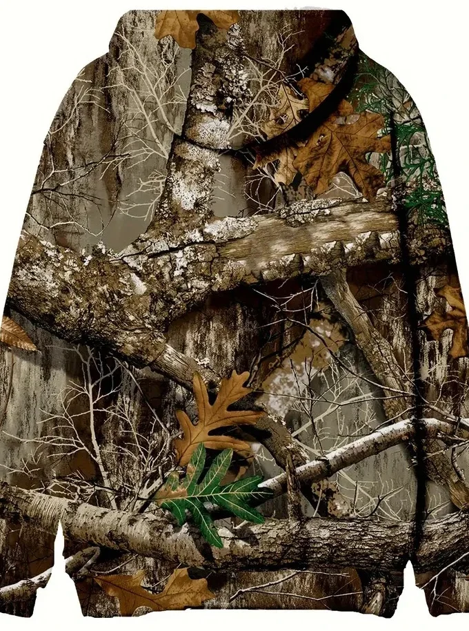 Men's Puffer Long Sleeve Hoodie 3-D Printed Maple Leaf Camouflage Loose Knitted Pullover Coat