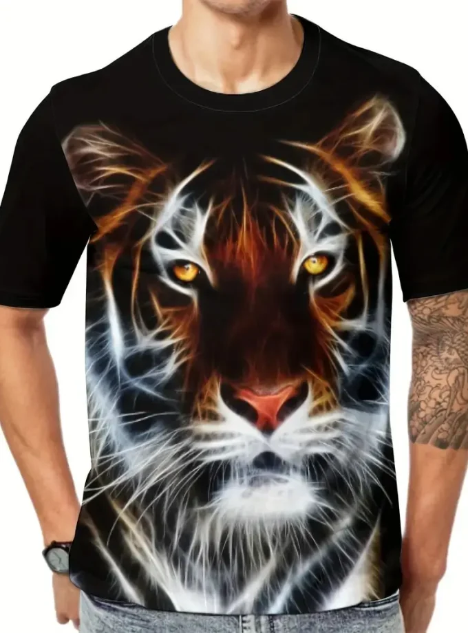 King of Forest Tiger 3D Digital Print Men's Crew Neck T-Shirt Casual Knitted Top with Short Sleeve Summer Outings Novelty Tee
