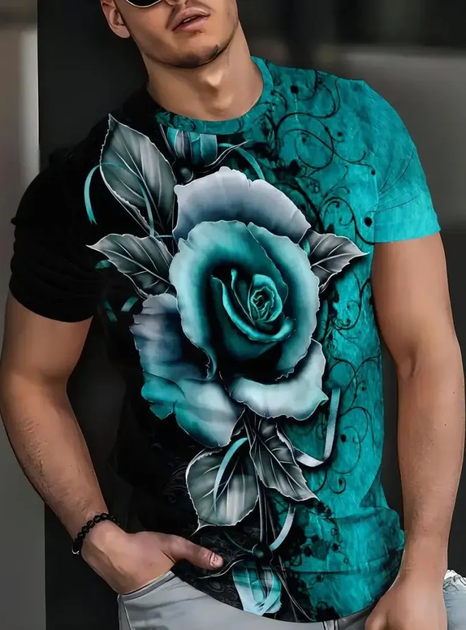 Men's 3D Digital Rose Pattern Short Sleeve T-Shirt Breathable Stylish Polyester Top Crew Neck Weekend Casual Summer Wear-Regular