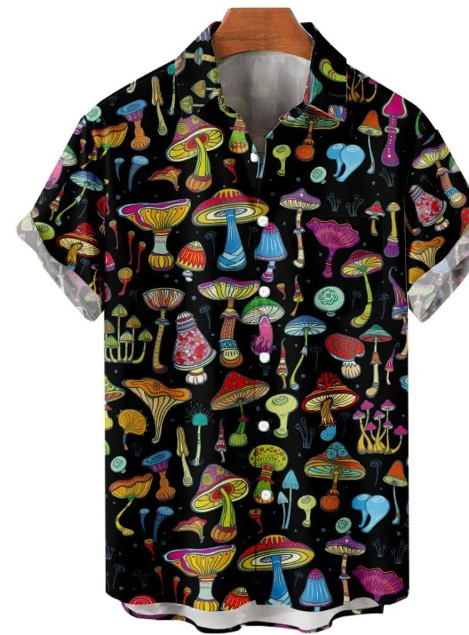 Men's Linen Button down Shirt Oversize Casual Mushroom Pattern Crocheted Fashion Breathable-Digital Printing