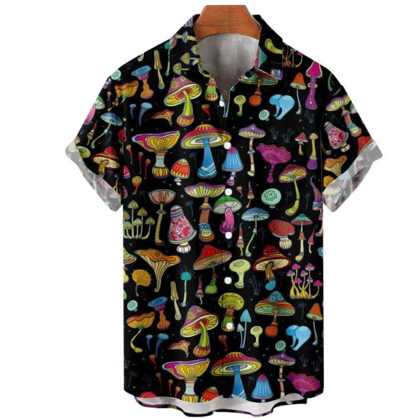 Men's Linen Button down Shirt Oversize Casual Mushroom Pattern Crocheted Fashion Breathable-Digital Printing - Image 3