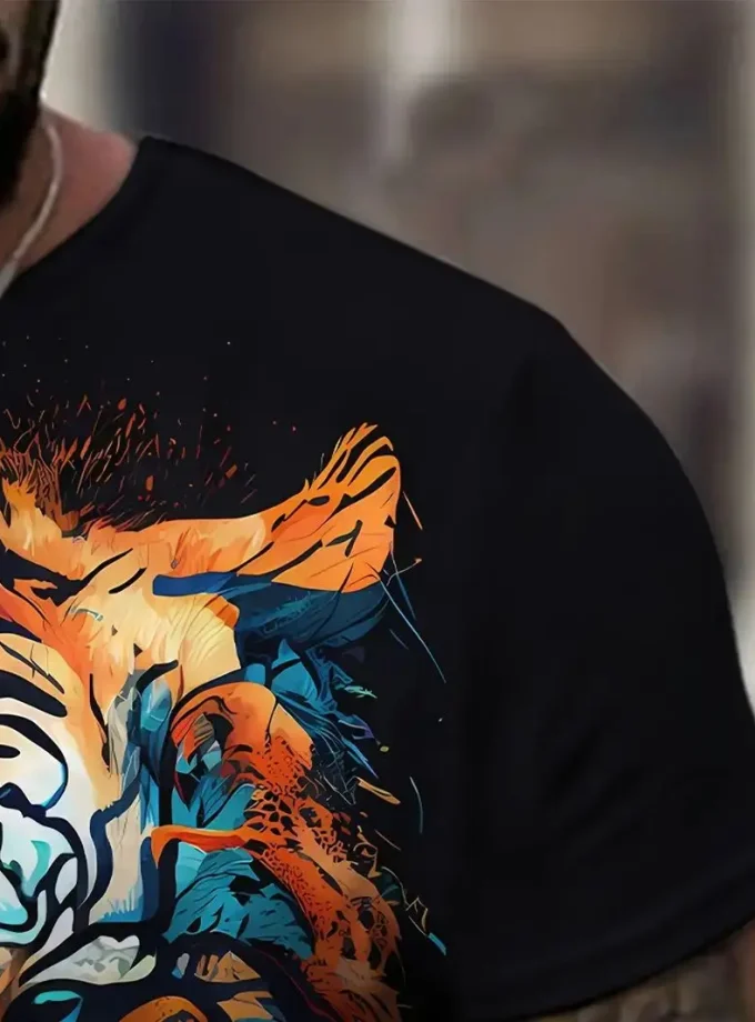 Men's Casual Plus Size tshirt Novelty Tiger Graphic Print T-shirt Summer Short Sleeve Turtleneck Oversized Long Knitted Tees