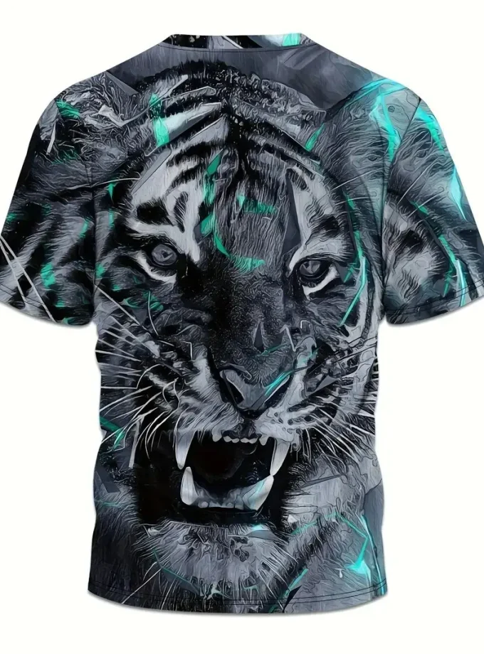 Men's Casual Tiger Graphic Print T-Shirt Summer Outdoor Crew Neck Clothing Crocheted Knitted V-Neck Tee
