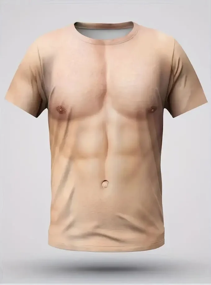 Men's Casual Sports Summer Tops 3D Digital Muscular Male Body Print T-Shirt Crew Neck and Short Sleeve Knitted Fabric