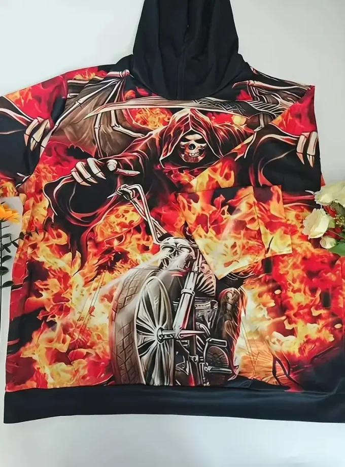 Men's Plus Size 3D Skull Flames Print Hooded Sweatshirt Soft Slight Stretch Polyester Regular Fit Machine Washable Club Party