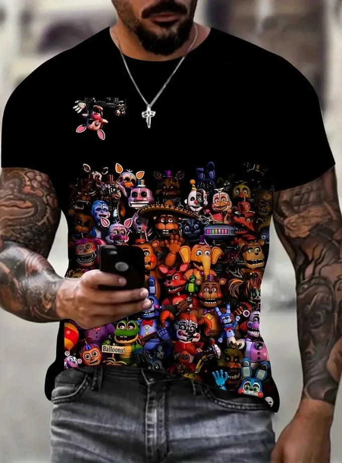 Men's 3D Printed Cartoon Characters Graphic Crew Neck Short Sleeve T-Shirt Crocheted V-Neck with Pattern Knitted Fabric