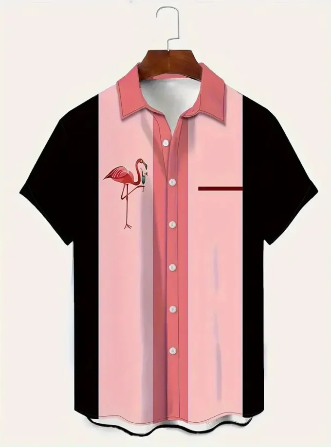 Men's Casual Summer Flamingo Striped Button-Down Shirt Breathable and Sustainable Floral Dress for Vacation and Daily Wear