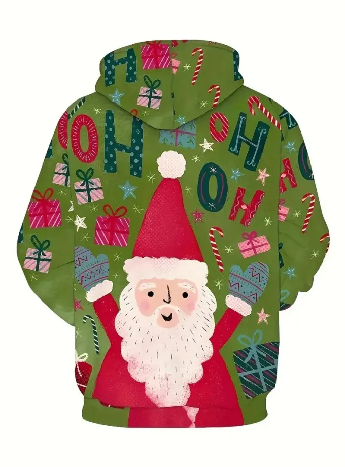 Men's Plus Size Christmas Hoodie Casual Santa Sweatshirt Pullover Pocket Festive Holiday Top Polyester Stretch Fleece Printed