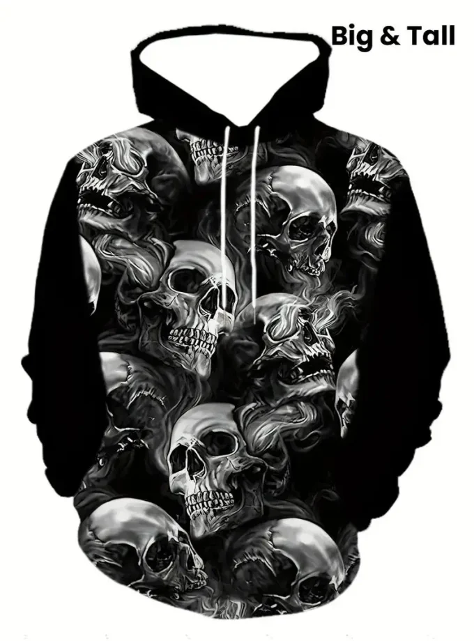 Men's Plus Size PULLOVER Hoodie Fashionable Skull 3D Print Comfortable Durable Cotton Blend Cool Casual Wear for Cold Weather