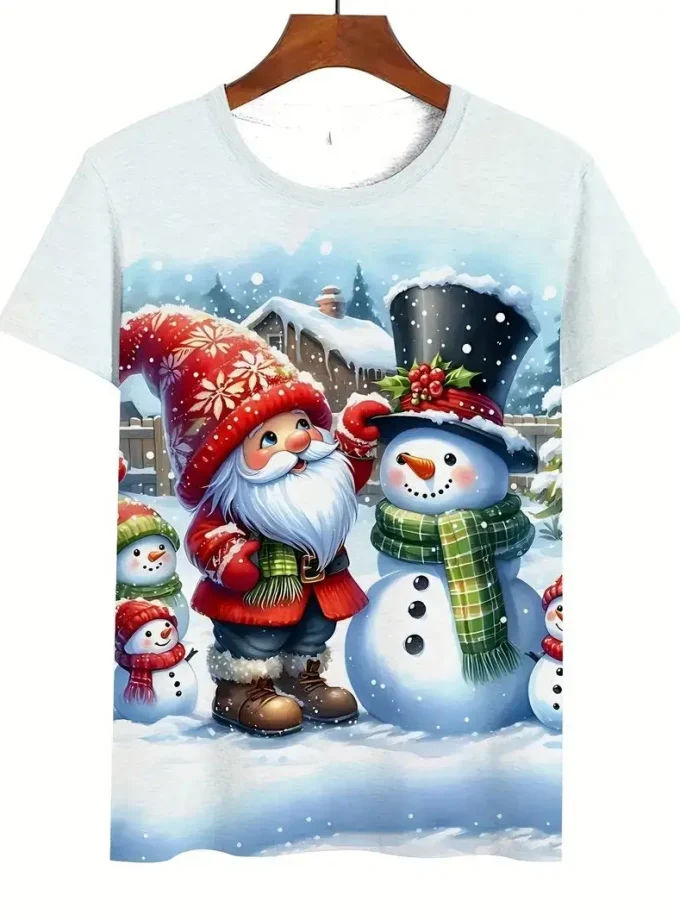 Men's Casual Short Sleeve V-Neck T-Shirt Snowman Graphic Print Knitted Clothing for Summer Outdoor Blank Design